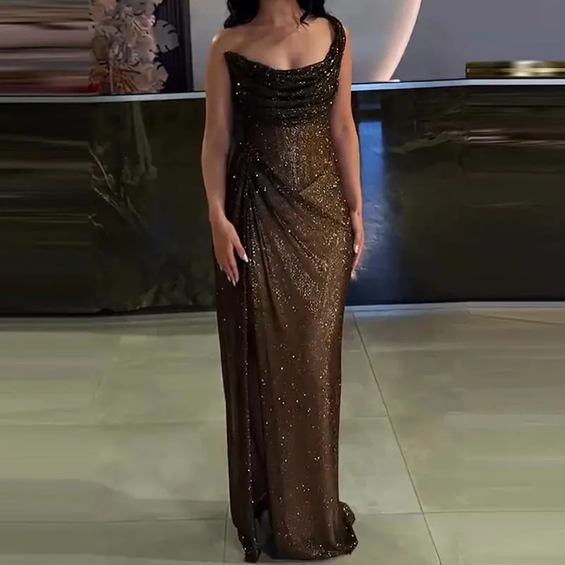 เซ็กซี่ Elegant ความยาวเต็มสูงแยกชุด Chic Girdling จัดเลี้ยง Maxi ชุดผู้หญิงหรูหราหนึ่งไหล่ Glitter Slim Dress — image 5