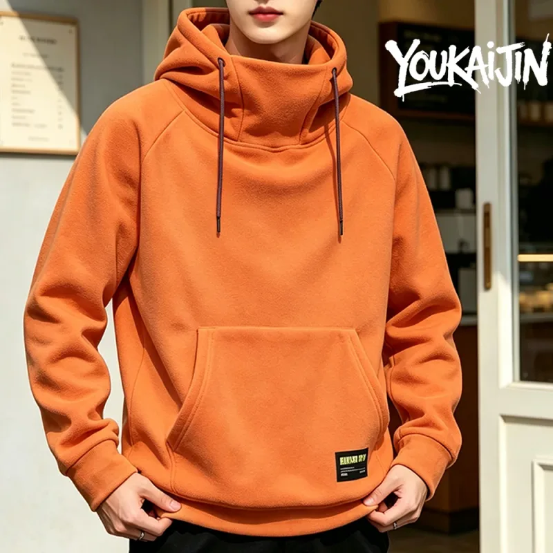 Men's Polar Fleece Sweatshirt Solid Color Street Style Autumn Winter Hood Sports Windproof Oversized High Collar Hoodie 5XL — image 18