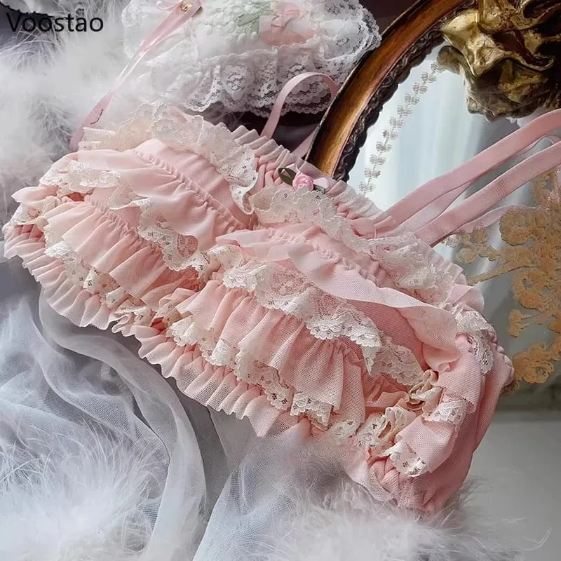 Japanse Zoete Lolita Stijl Beha Slipje Lingerie Set Vrouwen Sexy Bloemen Kanten Ruches Slips Kawaii Ondergoed Panty Intimates Sets — image 4