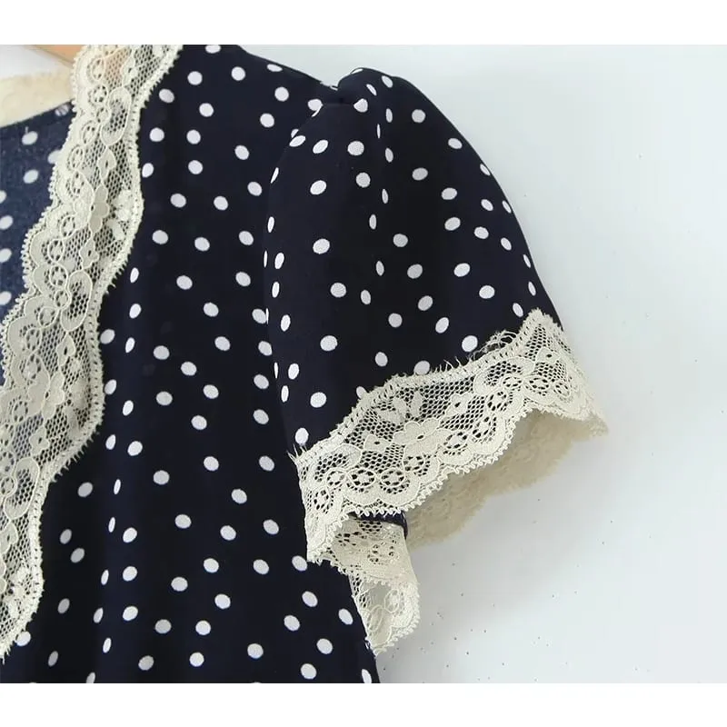 Gaun Panjang Polka Dot Biru Laut Wanita 2025 Gaun Liburan Elegan A-line Lengan Pendek Leher V Potongan Renda Jubah Maxi Musim Panas