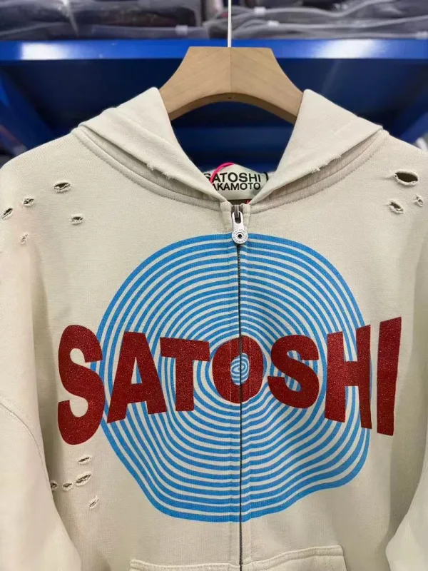 New Arrival Satoshi Zip Hoodie Destroyed Hole Design Loose Cotton Casual Outdoor Jacket Tops — image 6