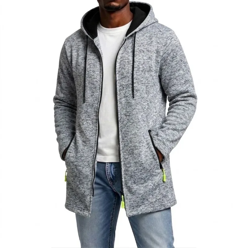 New Men's Zip Up Hoodie Casual Mid-Length Sweatshirts Fleece Jacket Warm Winter Hooded Trench Coat Outerwear with Zipper Pockets — image 10