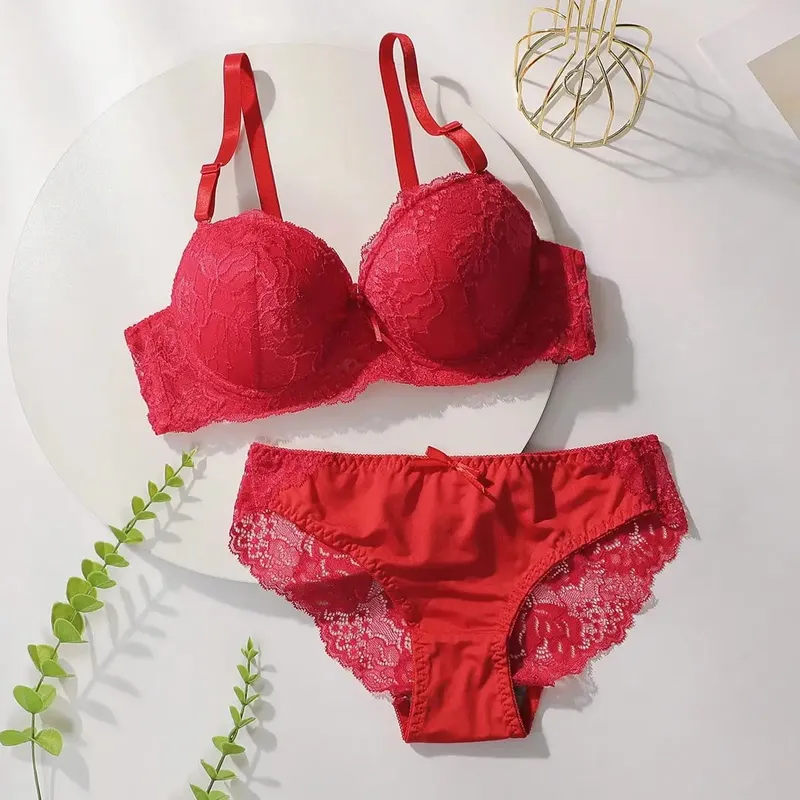 Red Lace Sexy Lingerie Set For Women's Gathering Push Up Underwear For Women's Flower Underwear Set A2155