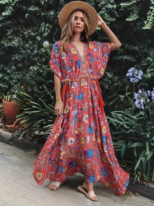 Boho Queens Wanita Merak Bunga Cetak Lengan Kelawar Pantai Bohemian Maxi Gaun Wanita V Leher Rumbai Gaun Musim Panas Vestidos — image 6