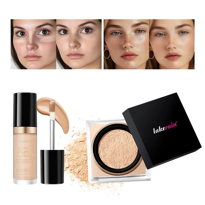 2ks sada na make-up na obličej s korektorem a sypkým pudrem na obličej s hladkým matným povrchem pro ženy, korejský make-up — image 2