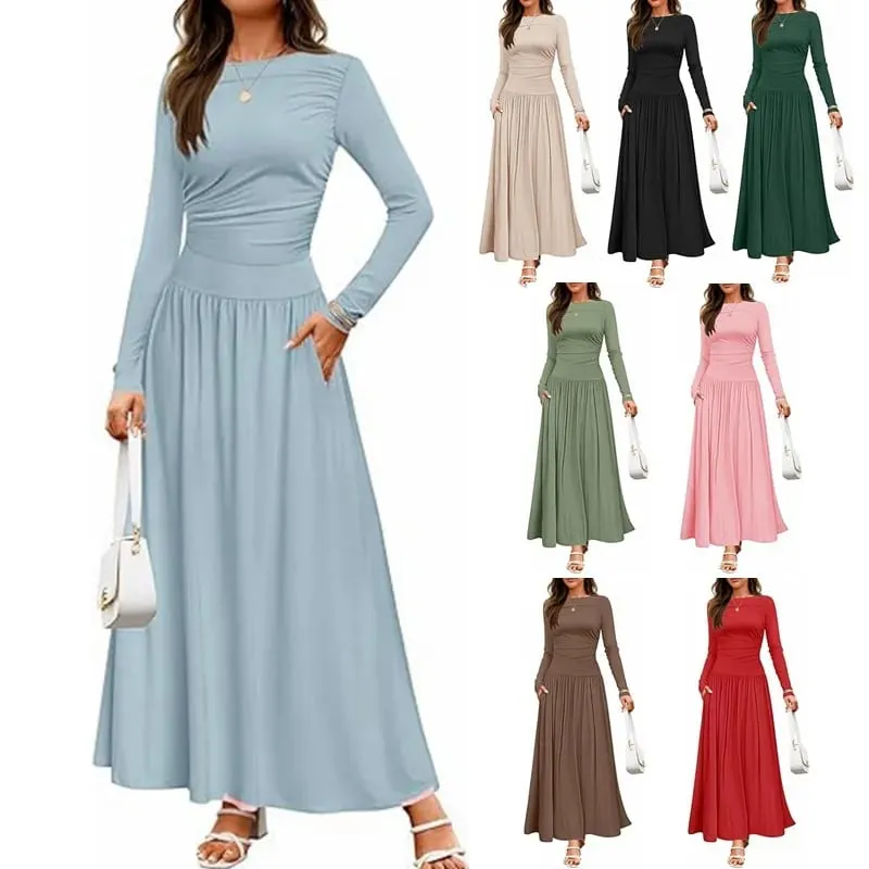 Musim luruh Ketibaan Baru Wanita Lengan Panjang Maxi Dress Selesa Fit Ruched Detail Pelbagai Warna untuk Pakaian Kasual Setiap Hari — image 2