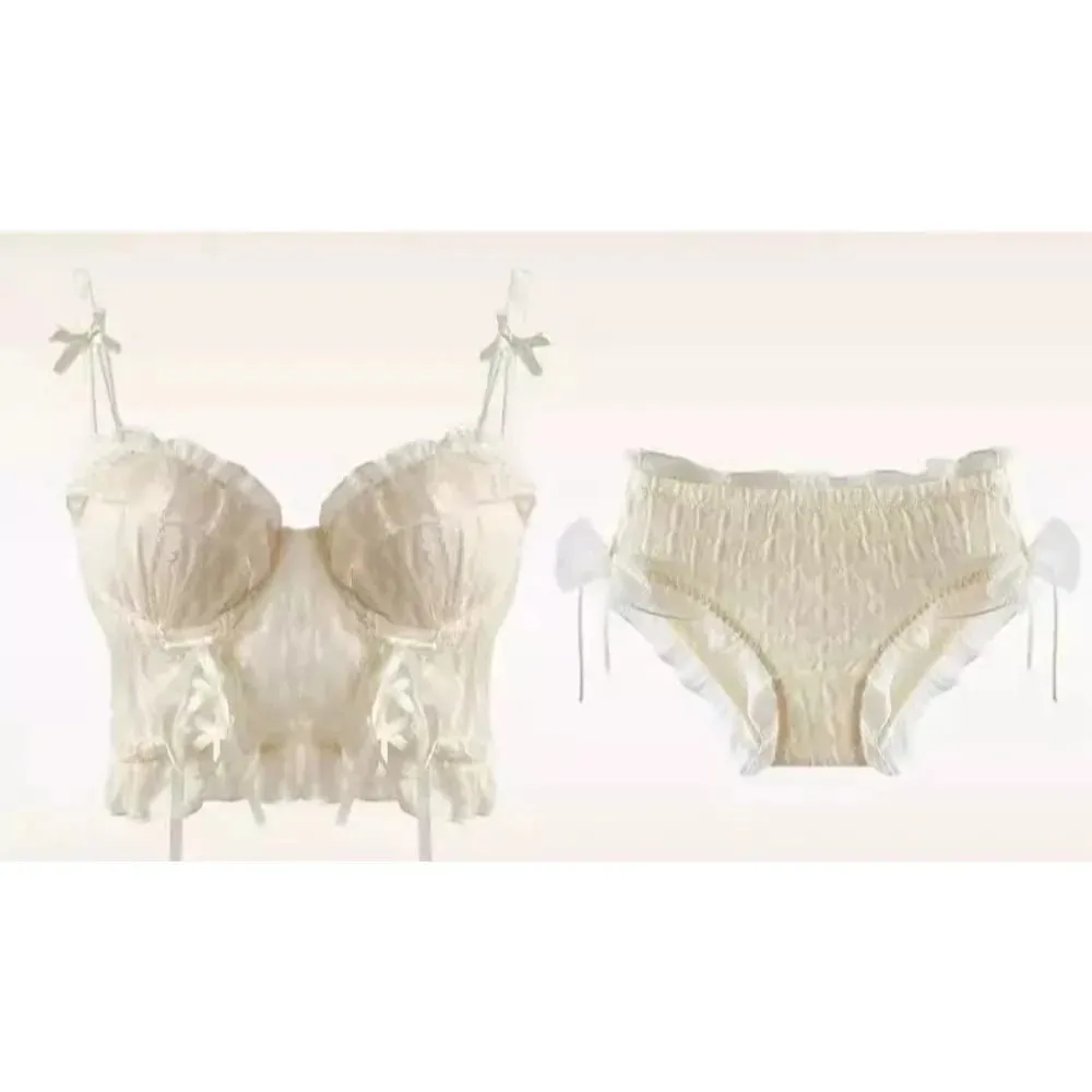 Ensemble de soutien-gorge en dentelle à volants pour femmes, petit buste, Push-Up, maille croisée, bretelles croisées, pur, doux, Lingerie douce au quotidien, sous-vêtements 2 pièces 32-38AB — image 6