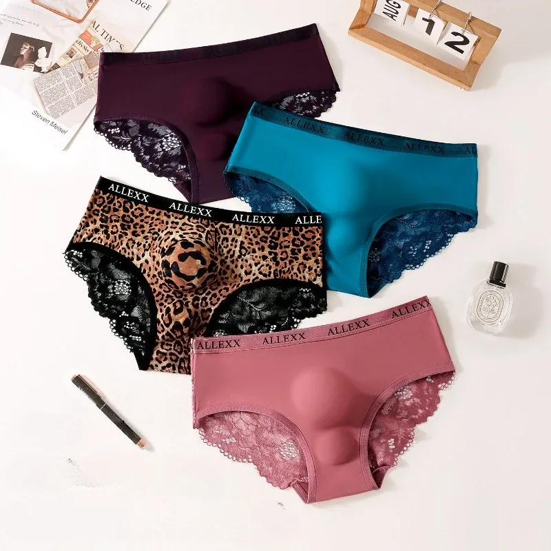 Men's Sexy Briefs Sheer Lace Ice Silk Panties Leopard Printed Letter Sissy Lingerie Bullet Separation Pouch Ultra-Thin Underwear — image 6