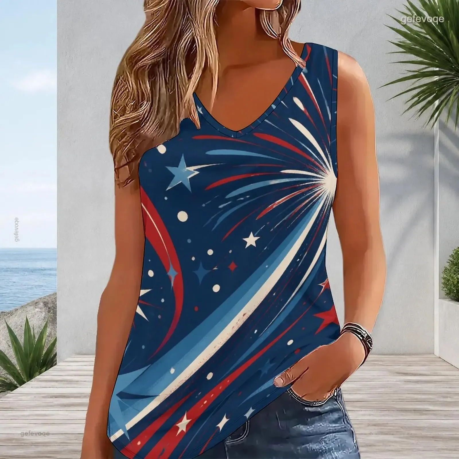 Women V Neck Sleeveless Tank Top Contrast Trim Loose Fit Casual Vest Custom Print Ladies Daily Summer Tops — image 6