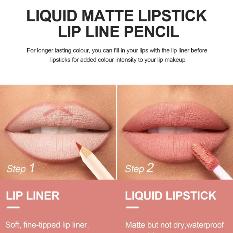 Pambabaeng 2-in-1 Lipstick Set na may Lip Liner Waterproof Long-lasting Korean Makeup Matte Finish Cosmetics Kit Libreng Pagpapadala — image 3