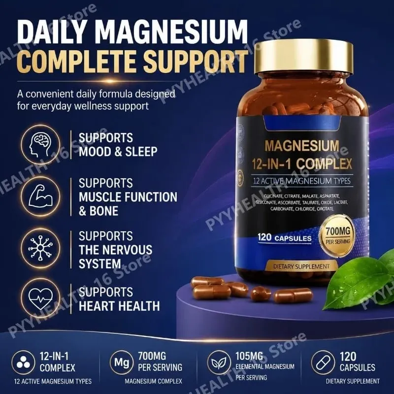 Magnesium Glycinate 12-in-1 Complex Sleep & Mood Support Muscle & Bone Health Citrate Malate Taurate 120 Capsules Non-GMO