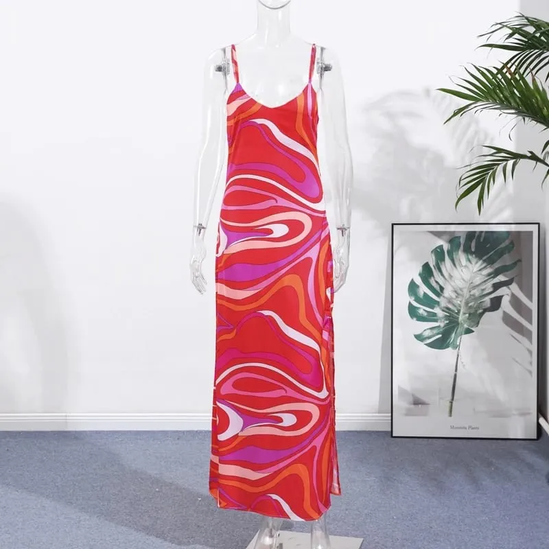 여성을위한 패션 인쇄 홀터 롱 드레스 우아한 민소매 백리스 슬림 Bodycon 맥시 드레스 세련된 여름 해변 파티 가운 — image 8