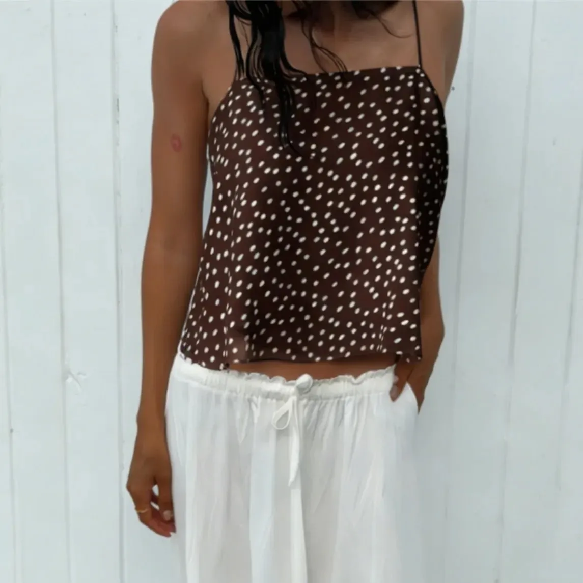 Women Polka Dot Chiffon Cami Top Spaghetti Strap Crisscross Tie Backless Asymmetric Hanky Hem Cropped Camisole Summer Tank Top — image 4