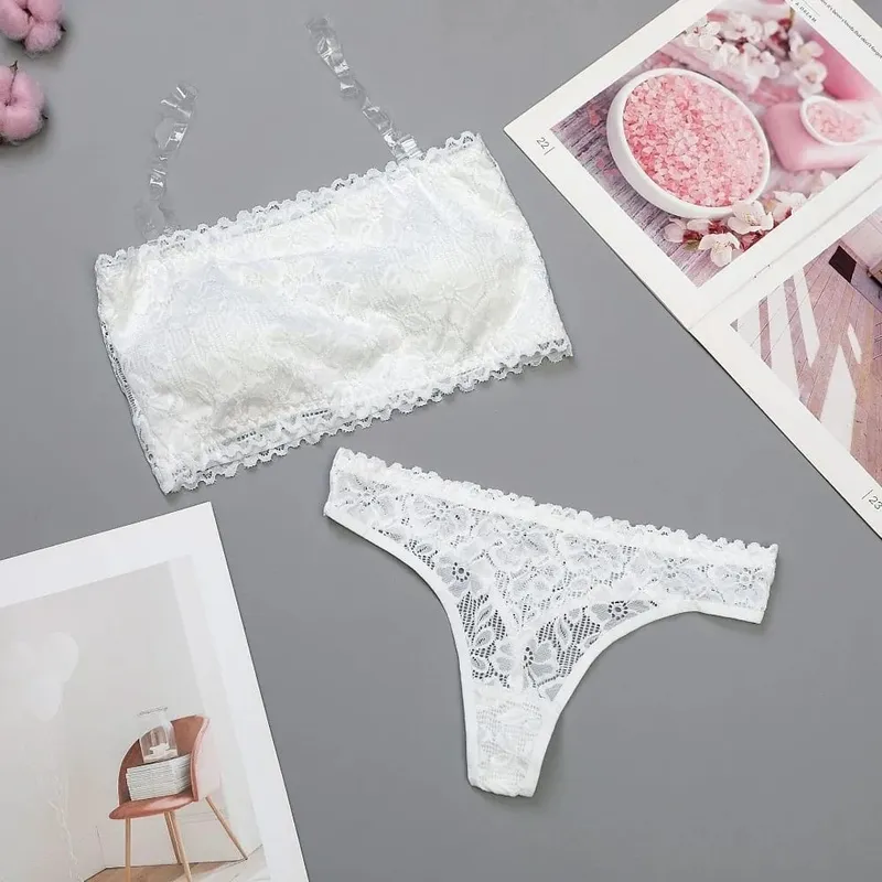 Lace Sheer Flower Thong Bra Set Invisible Straps Embroidery Floral Panties Bra Kit Lingerie Hollow Underwear for Women Ladies — image 3