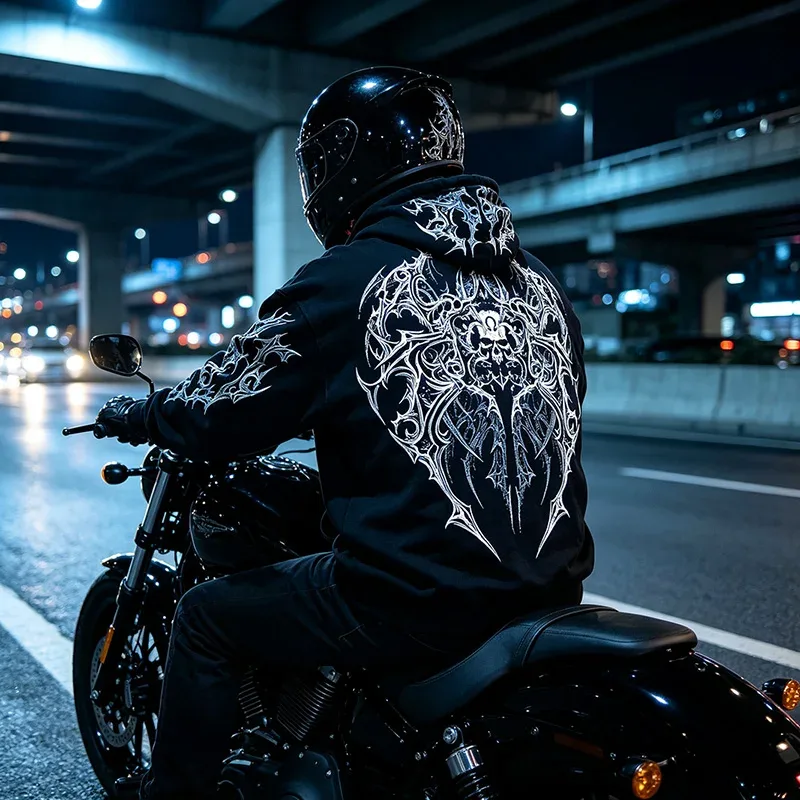 Men Alt Gothic Zip Up Hoodie Y2k High Street American Style Dark Thorn Print Fleece Lined Loose Biker Fall Winter Sweatshirt — image 2