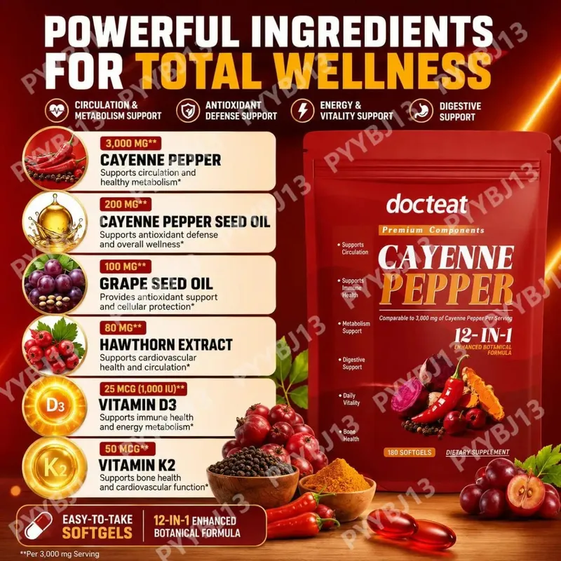Docteat Cayenne Pepper Softgels with Vitamin D3 and K2 Energy Metabolism and Digestive Support Antioxidant Defense 180 Softgels
