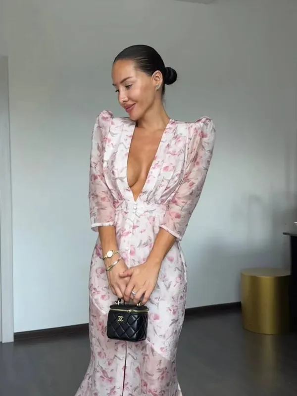 Elegant พิมพ์ชุดสตรี Organza ลึก V คอครึ่งแขนเอว Cinched จีบชุด 2026 ฤดูร้อน Lady Holiday Party Robe
