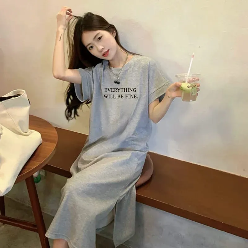 Korean Loose T‑Shirt Maxi Dress Women Letter Printed Round Neck Short Sleeve Side Split Casual Summer Dress