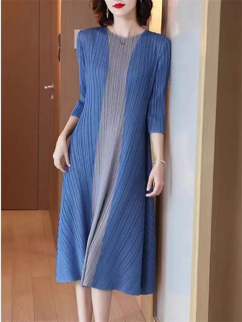 Miyake美麗晚禮服百褶女洋裝簡約時尚撞色彈性寬鬆短袖繫帶腰連身裙 — image 3