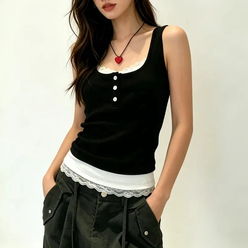 Women Fake Two Piece Lace Trim Tank Tops With Built-in Bra Pads Ribbed Viscose Sleeveless Camisole Slim Fit Crop Vest A6493