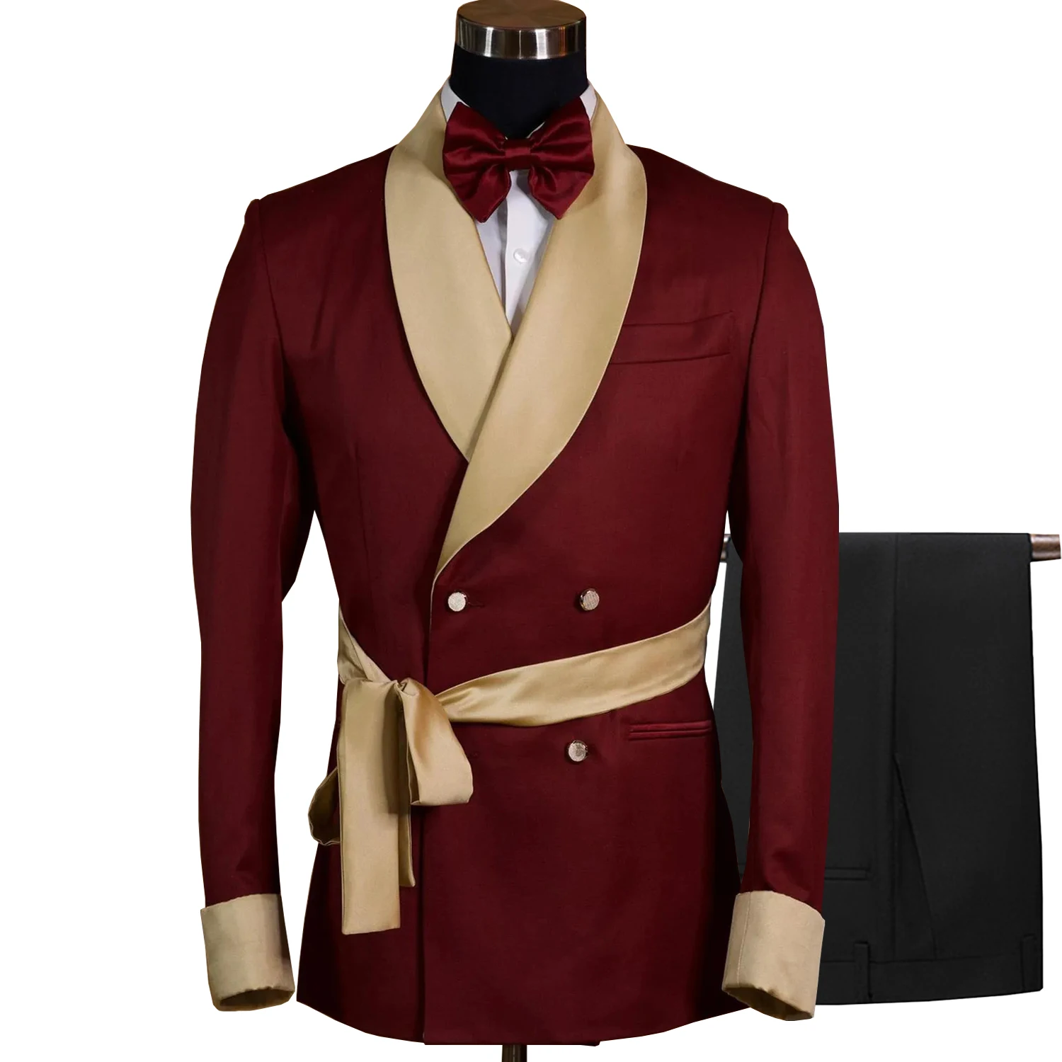 Gwenhwyfar Men's Deep Burgundy And Gold Satin Fabric Suits Tailored 2 Pieces Blazer Black Pants Two Button Shawl Lapel Wedding — image 4