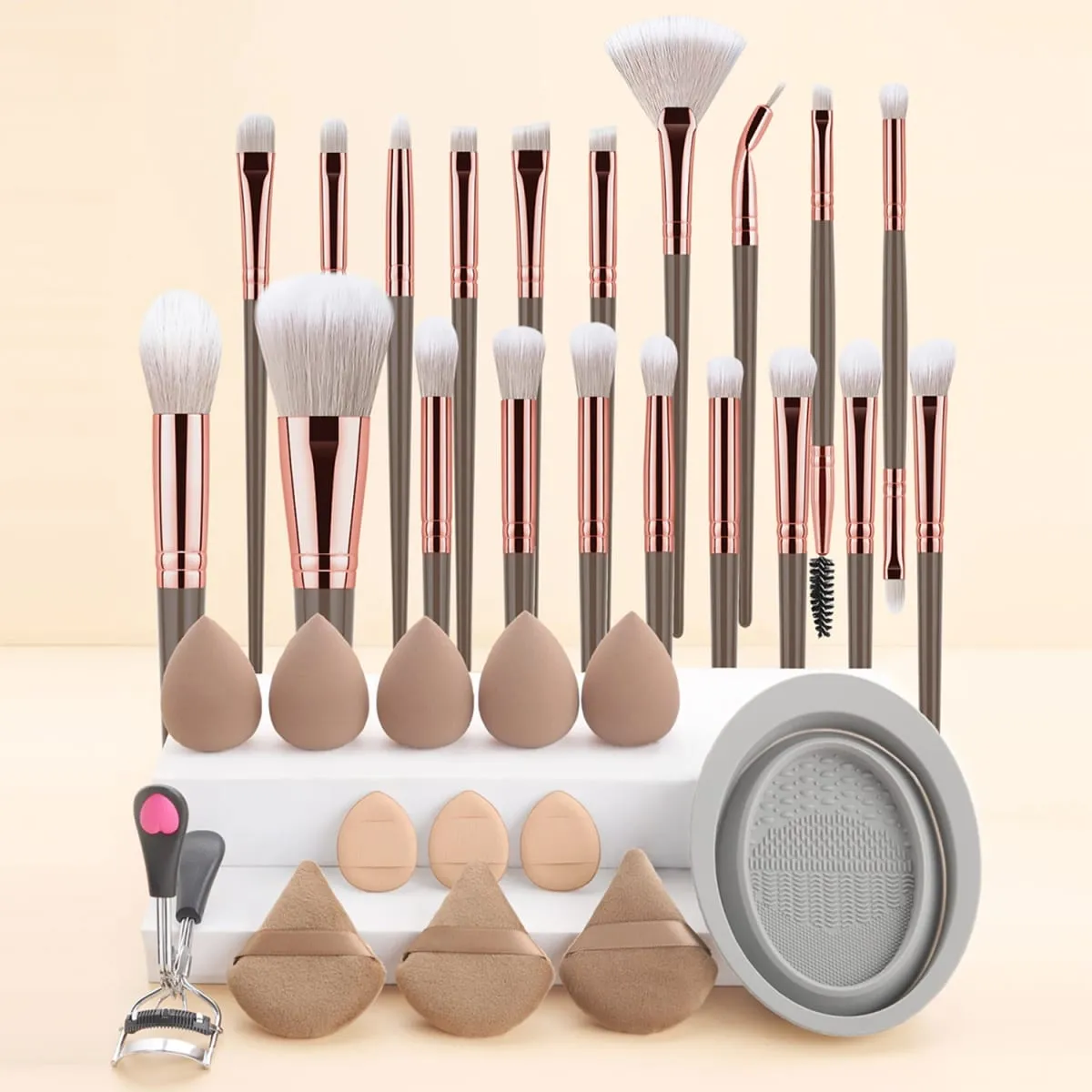 33Pcs Kit Alat Solek 20 Berus Solek Dengan Serbuk Pembersih Mangkuk Pelentik Bulu Mata Set Solek Muka Penuh — image 1