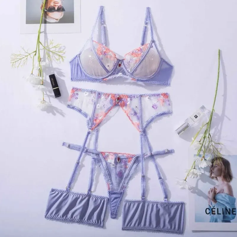 Fancy Purple Floral Embroidery Women's Lingerie Sets Sexy Diamond Pendant Sheer Mesh Bra Thong Garter Belts 4PC Erotic Underwear