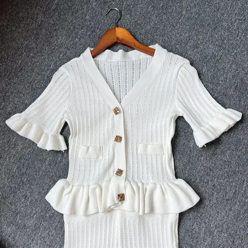 YuooMuoo marca de moda de una pieza de punto Maxi Vestido de mujer elegante con cuello en V con volantes cintura delgada ceñido al cuerpo suéter Vestido de fiesta