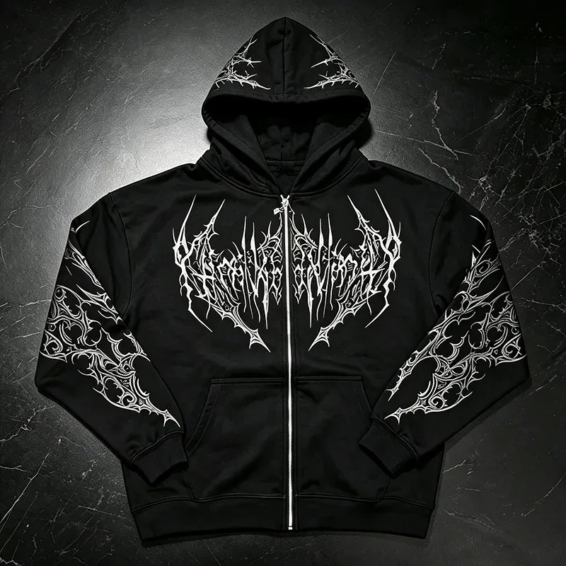 Men Alt Gothic Zip Up Hoodie Y2k High Street American Style Dark Thorn Print Fleece Lined Loose Biker Fall Winter Sweatshirt — image 7