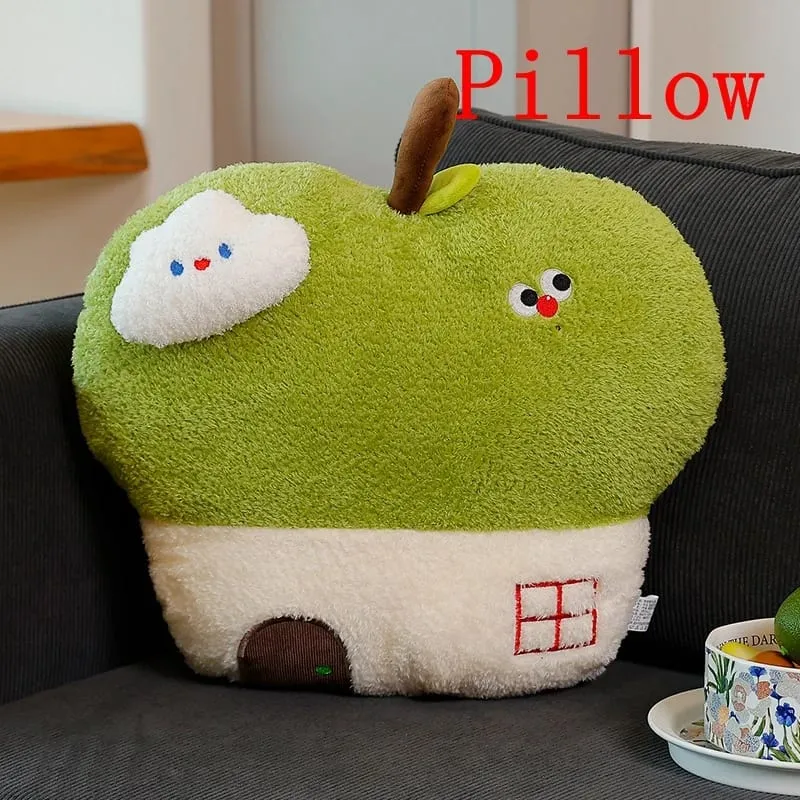 Cute Apple House Plush Pillow Optional With Blanket 2‑in‑1 Throw Cushion Kawaii Fruit Stuffed Pillow Sofa Bedroom Decor Gift