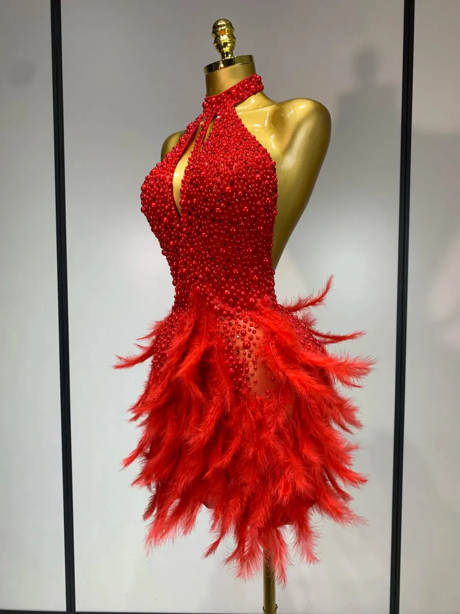 Luxury Rhinestones Pearls Halter Backless Short Feathers Dress Women Sexy Celebrate Birthday Dress Performance Dance Costume — image 2