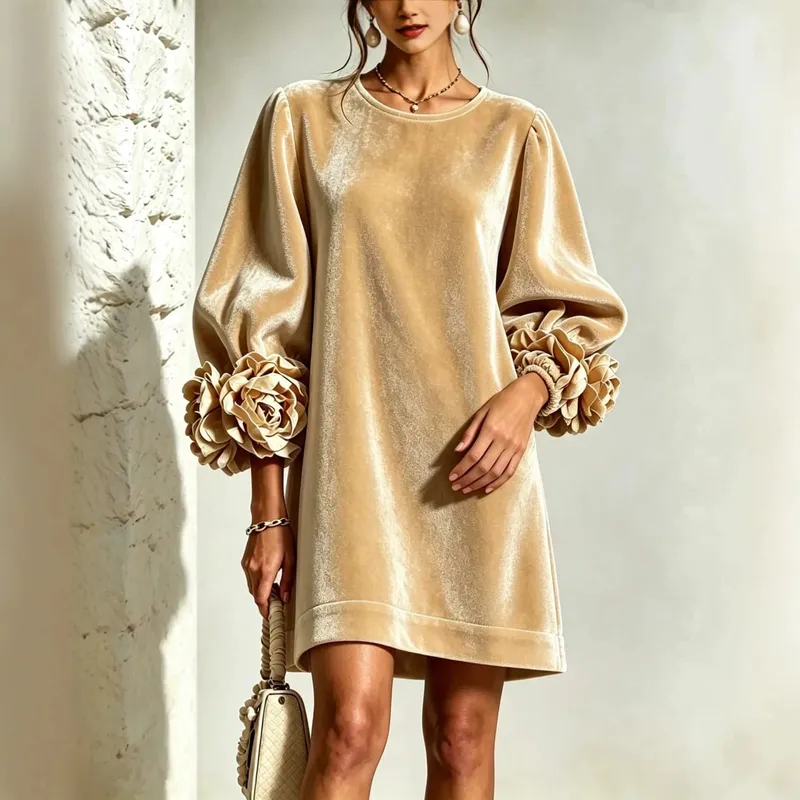 Autumn Winter Women Velvet Mini Dress O Neck Puff Long Sleeve 3D Flower Cuff Decor Loose Casual Hot Hit Fashion Short Dresses — image 10