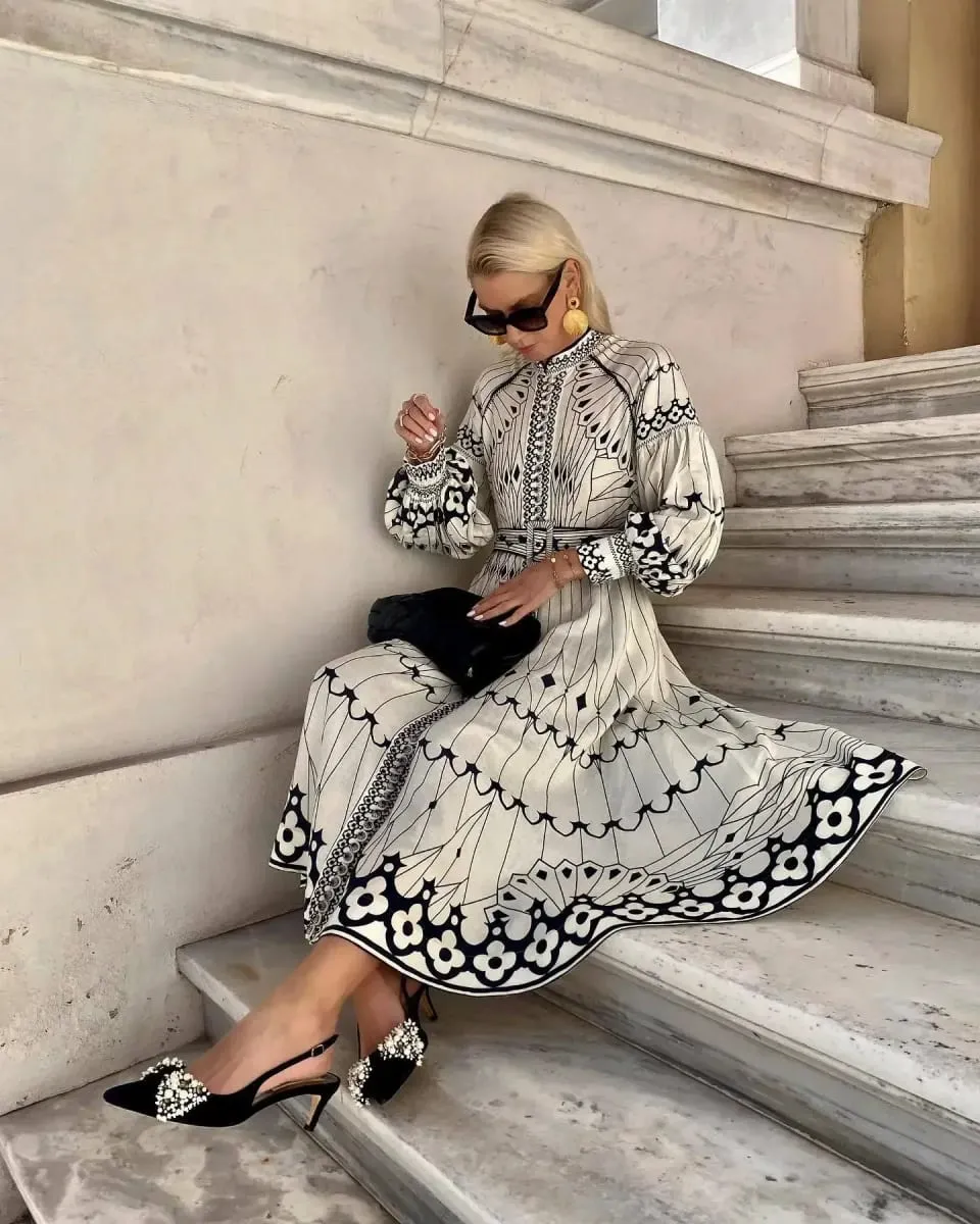 Retro Elegant Stand Collar Long Dress Women Spring Pattern Print Belted Buckle Party Autumn Sleeve A-Line Boho — image 5