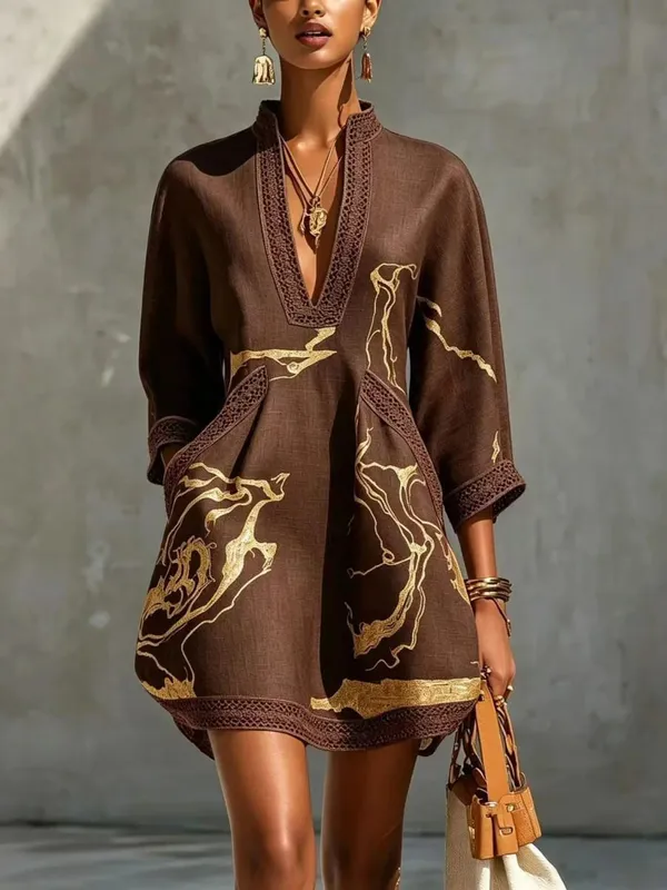 B Elegant Mini Dress for Women Fashion Lace Trim V Neck Abstract Print 3/4 Sleeve Pocket Dress Casual Commuting Vacation Dresses — image 4