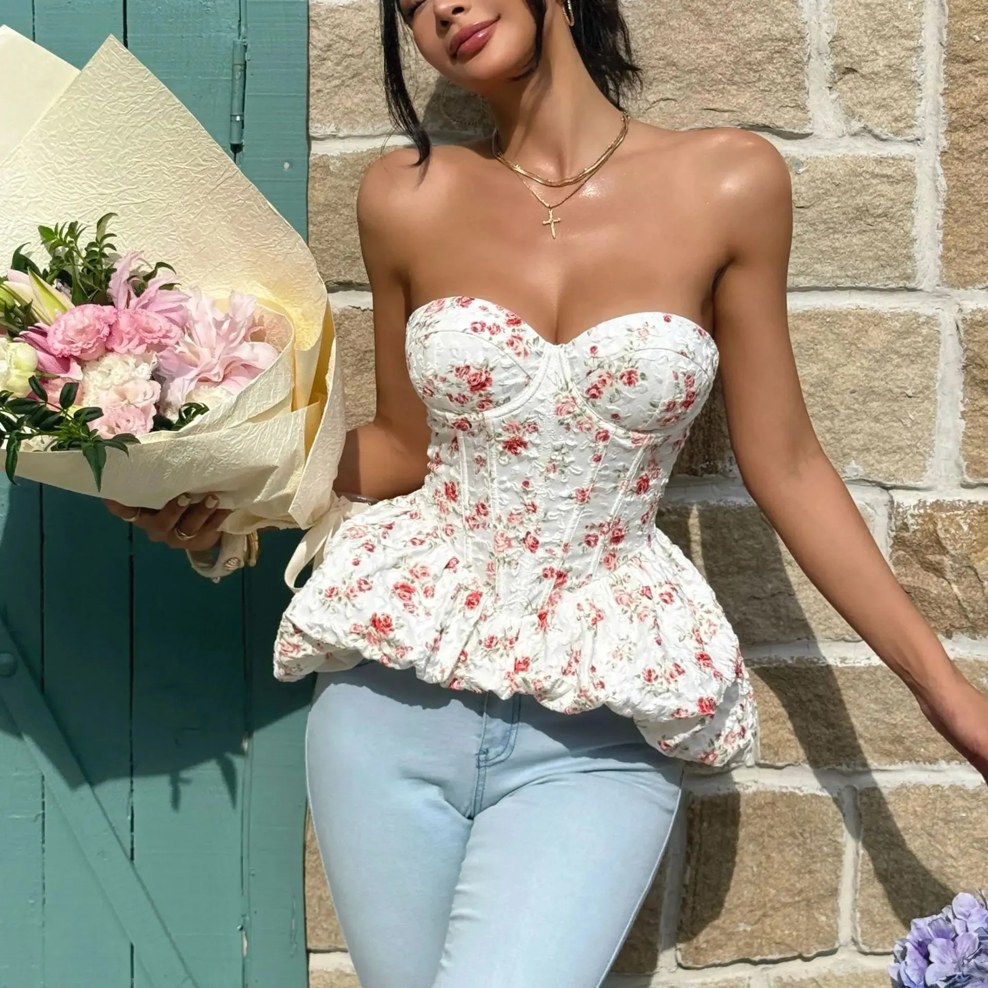 French Style Print Hotsweet Corset Top Women Strap Sleeveless Shapewear Bohe Camis Strapless Floral Holiday Beach Top — image 7