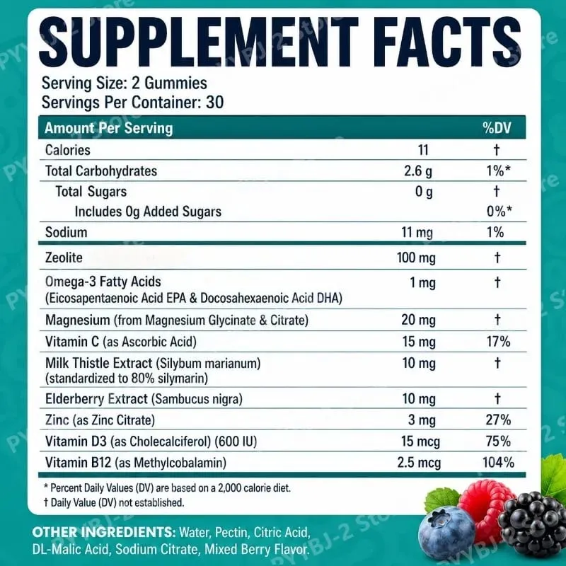Zeolit ​​Gummies 60 Count obsahuje multivitamin Omega-3 hořčík a bezinky podporují detoxikaci a zdraví imunitního systému