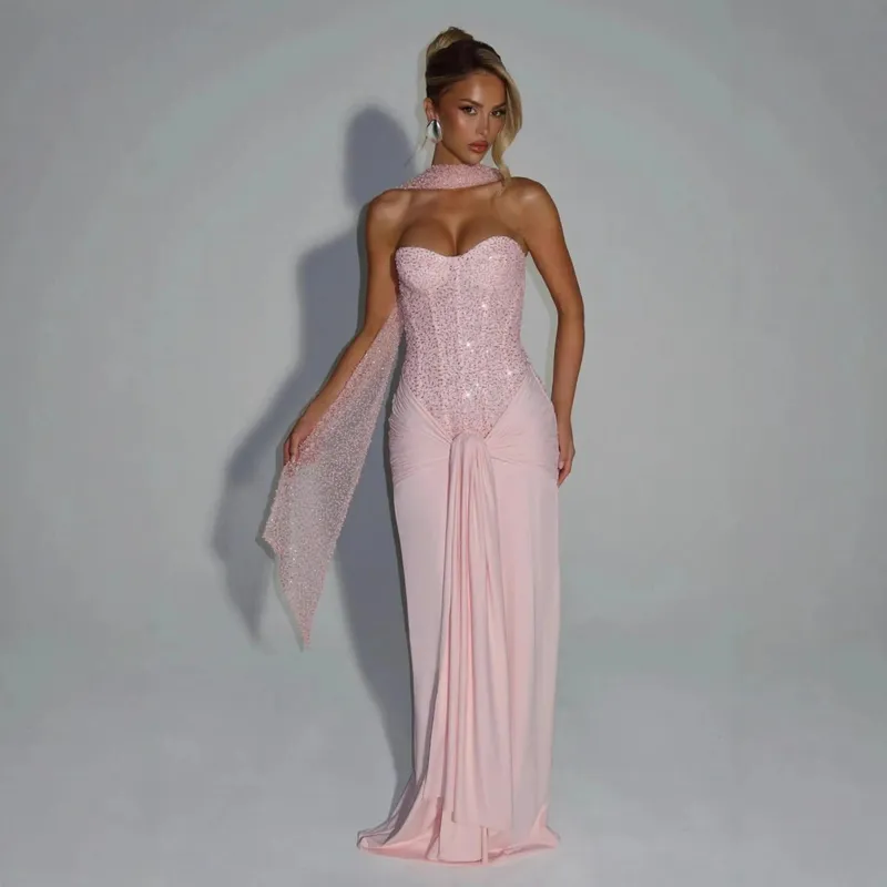 Sexy Pailletten-Patchwork-trägerloses Maxikleid für Damen, ärmellos, schulterfrei, geraffte Taille, Plissee-Kleider, Abendparty-Kleider — image 7