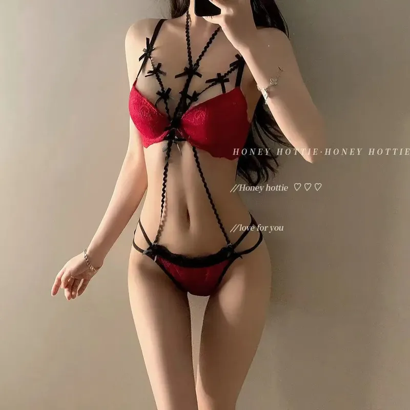 French Romantic Halter Lace Bra Set Bow Detail Women Push Up Underwear Small Bust Dating Lingerie Kit Sizes 32-38 Set — image 12
