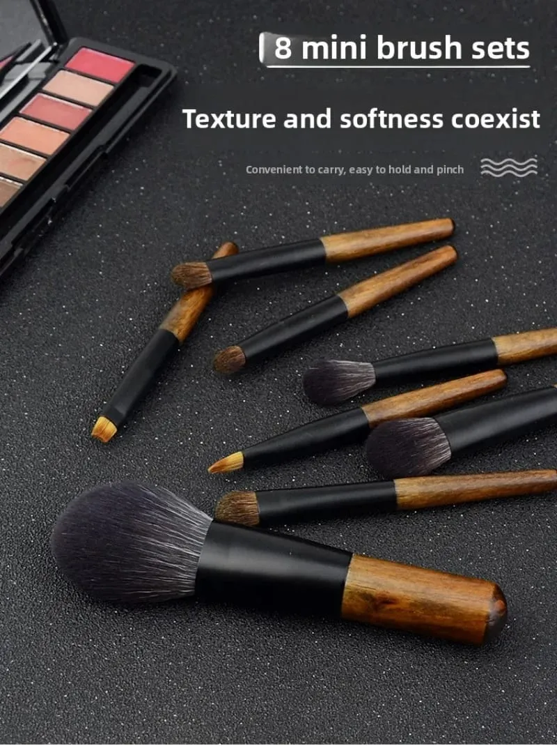 Ensemble de mini pinceaux de maquillage de voyage, avec pochette, manche en bois, brosse cosmétique pour poudre pour le visage, Blush, surligneur, correcteur, fard à paupières, 8 pièces