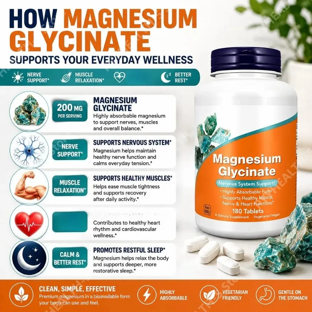 Magnezyum Glisinat Takviyesi 180 Tablet Şelatlı Bisglisinat Erkekler ve Kadınlar için Diyet Tabletleri Nazik Günlük Mineral Desteği — image 3