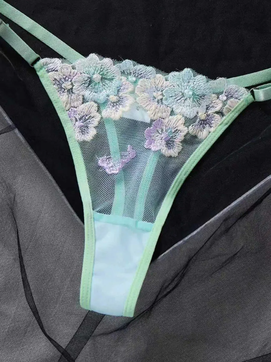 Sheer Mesh Floral Embroidery Lingerie Set Women Underwire Bra And Thong Set Color Contrast Sexy Lace Intimate Lingerie — image 5