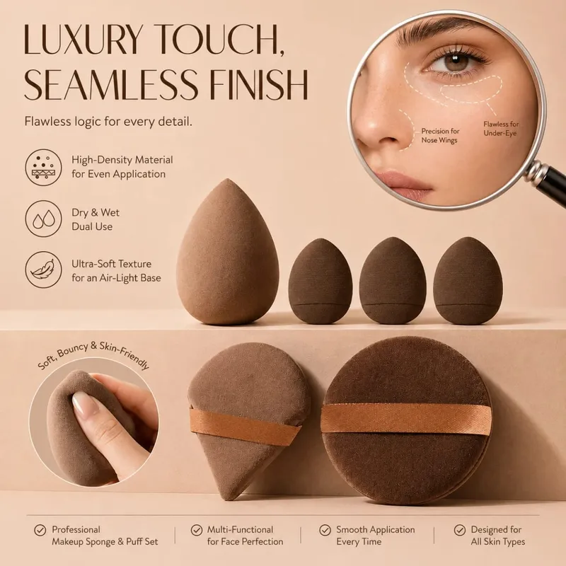 12-teiliges Make-up-Pinsel-Set mit 6 flachen und runden Pinseln und 6 Schwämmen für Foundation, Puder, Rouge und Lidschatten — image 8