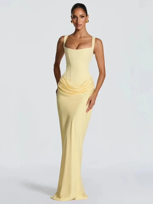 Elegant สีเหลือง Strapless จีบยาวชุดผู้หญิงเก๋แขนกุดเอว Cinching แยกชุด 2026 Lady Evening Party Robes — image 16