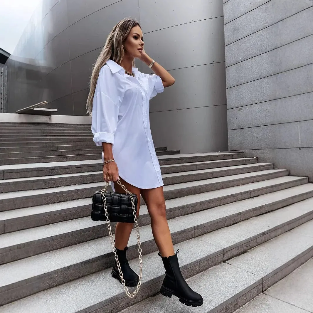 Women Lapel Collar Button Down Shirt Dress Long Sleeve Loose High Low Hem Casual Tunic Dresses — image 2