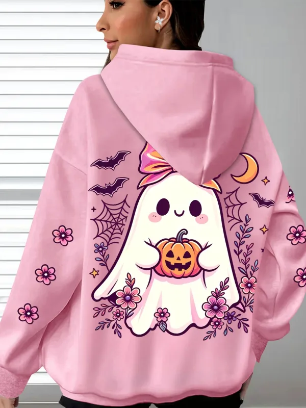 Women's Hooded Cute Ghost Hugging Pumpkin Halloween Theme Printed Hoodie Casual Long Sleeve Pocket Halloween Hoodies
