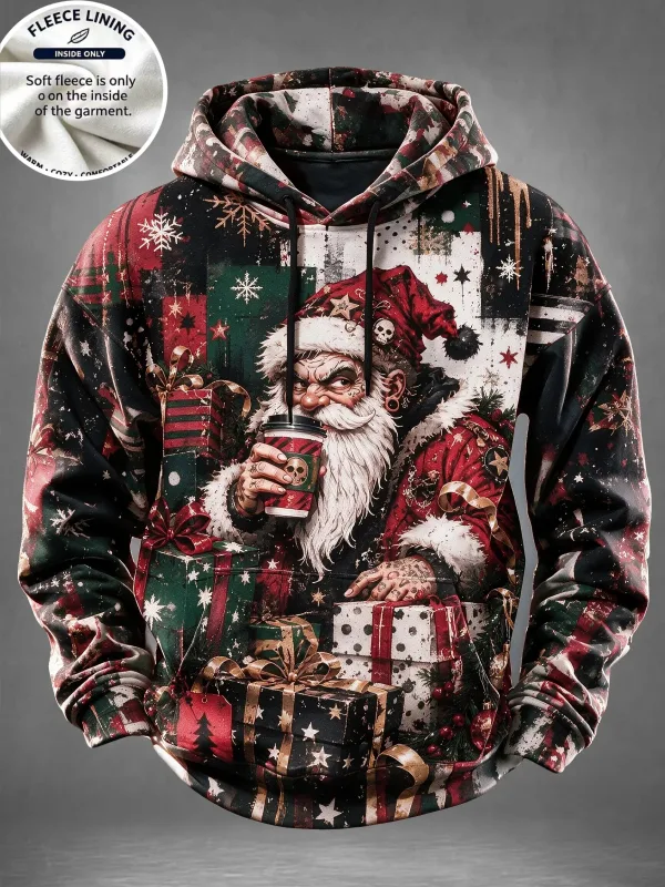 Men Fleece Lined Hoodie Comic Santa Christmas Print Pullover Hooded Sweatshirt Casual Winter Hoody