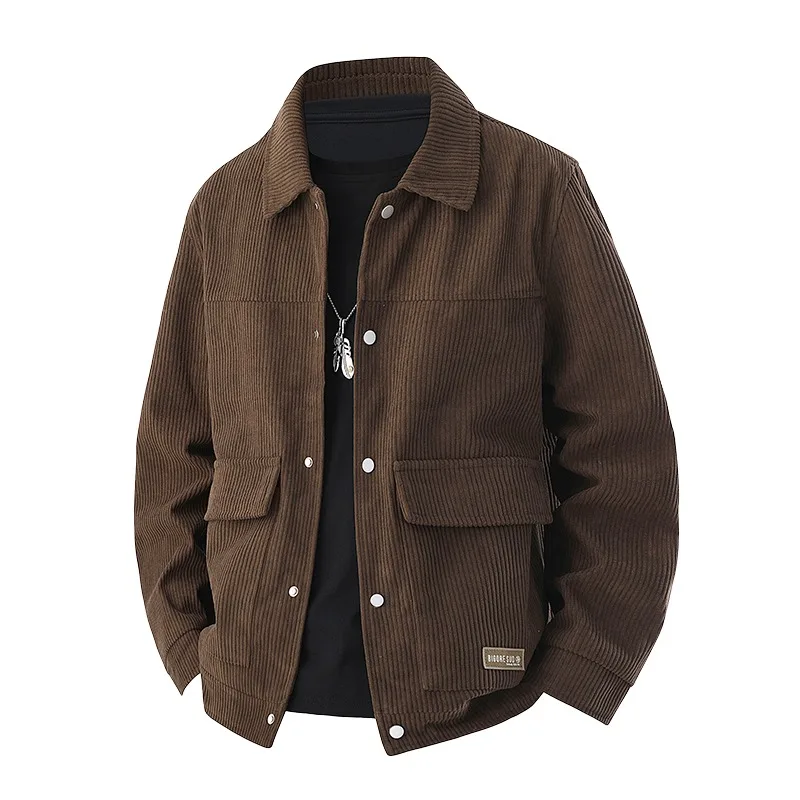 Men Classic Lapel Corduroy Jacket Metal Snap Button Large Patch Pockets Retro Vintage Casual Workwear Streetwear Male Outer Coat — image 1