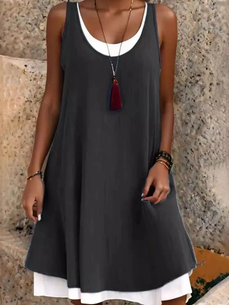 Summmer Women's Solid Dress Casual Sleeveless Fake Two Piece Loose Dresses Female O Neck Office Holiday Beach Party Dress New — image 4