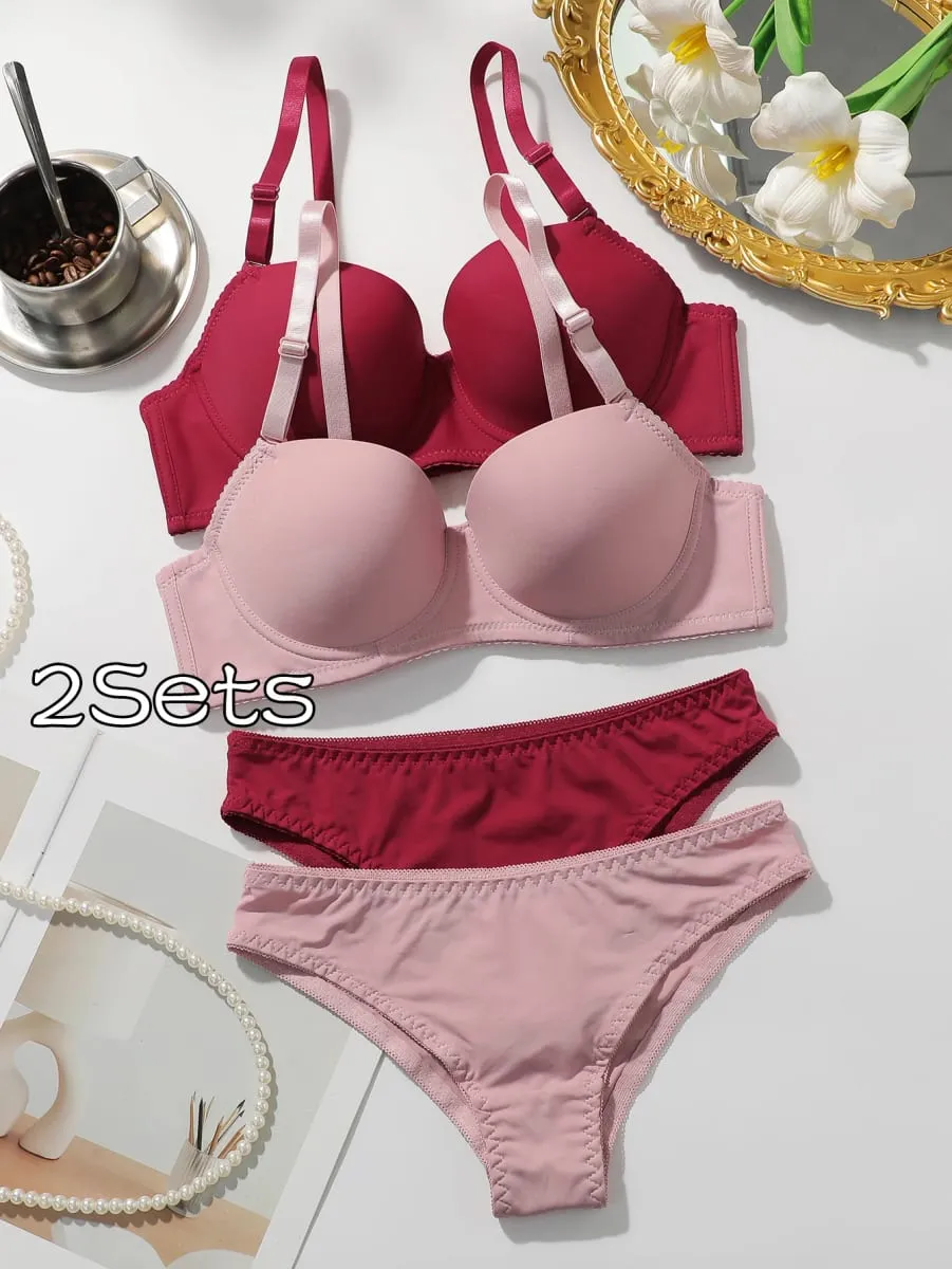 2 Pek Set Bra Empuk Berdawai Bertali Wanita Bra T-Shirt Tekan Ke Atas Pejal dengan Seluar Dalam Padanan Seksi & Selesa Pakaian Dalam Setiap Hari — image 1