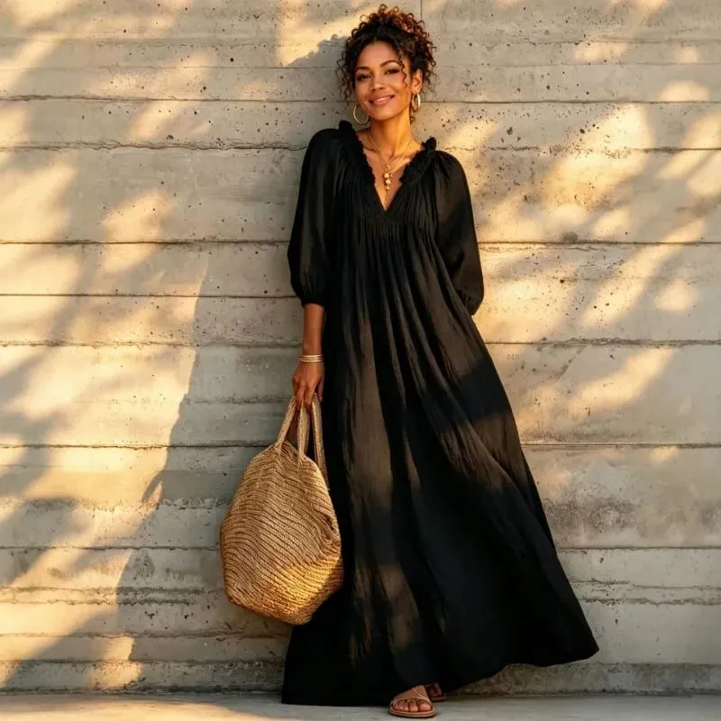 Women Boho Dresses V Neck Lantern Sleeve Maxi Dress Vacation Loose Beach Cover Up Dress Spring Summer Overall Jumpsuit Playsuit — image 3